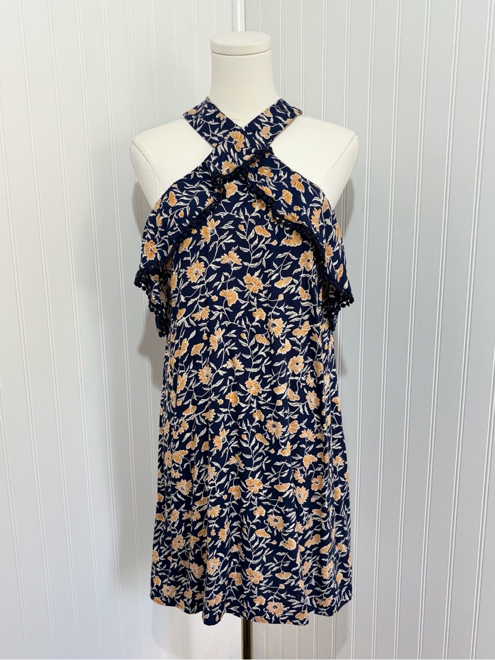Angie Floral Halter Mini Dress Navy Blue Rayon Boho Size Small